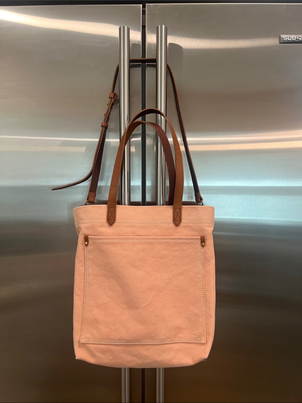 Madewell Blush guava Pink Canvas Tote with Brown Leather Straps pocket